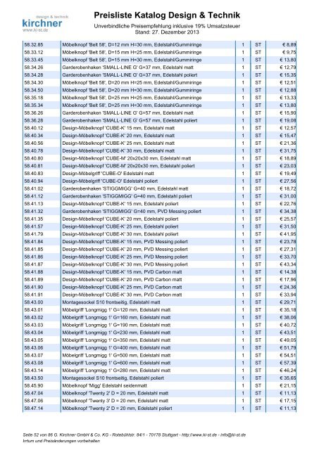 Preisliste Katalog Design & Technik - G. Kirchner