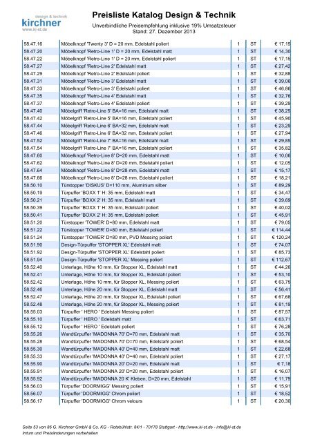 Preisliste Katalog Design & Technik - G. Kirchner