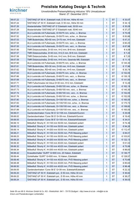 Preisliste Katalog Design & Technik - G. Kirchner