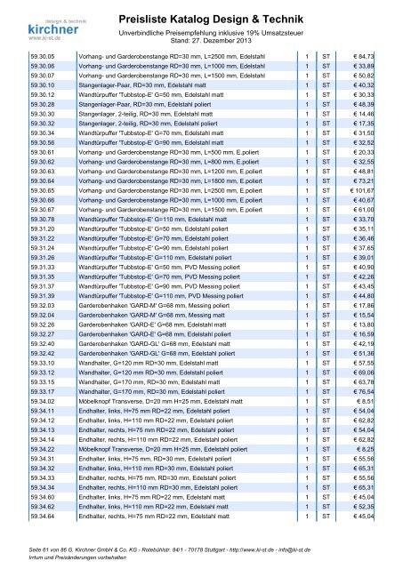 Preisliste Katalog Design & Technik - G. Kirchner