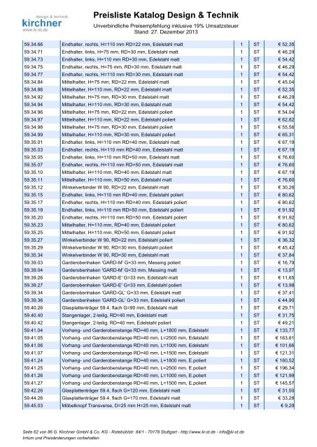 Preisliste Katalog Design & Technik - G. Kirchner