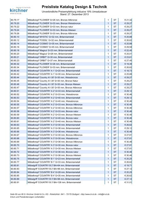 Preisliste Katalog Design & Technik - G. Kirchner