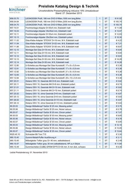 Preisliste Katalog Design & Technik - G. Kirchner