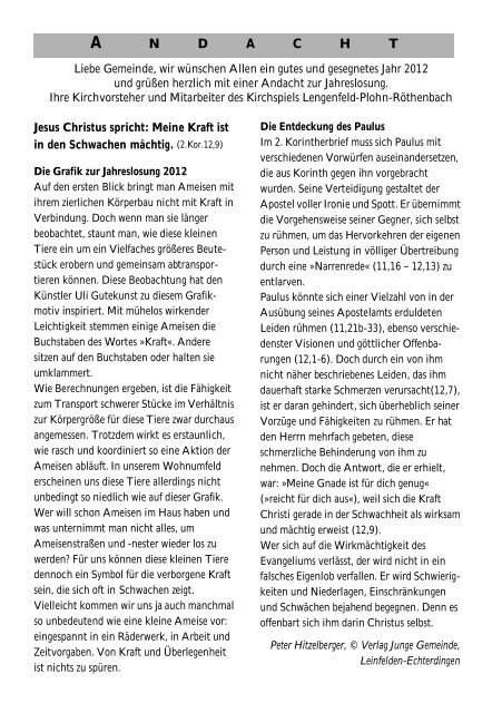 Gemeindebrief Januar 2012 - Kirchspiel Lengenfeld Plohn ...