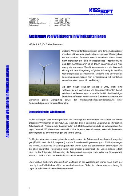 Auslegung von WÃ¤lzlagern in Windkraftanlagen - KISSsoft AG