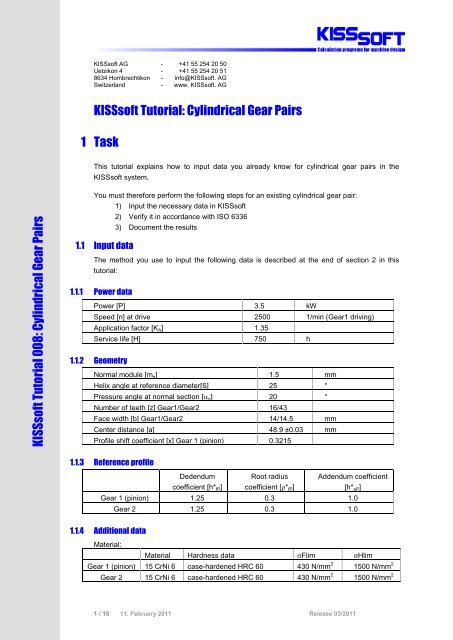 KISSsoft Tutorial: Cylindrical Gear Pairs 1 Task ... - KISSsoft AG