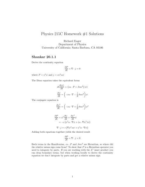 Physics 215C Homework #1 Solutions - KITP - University of ...