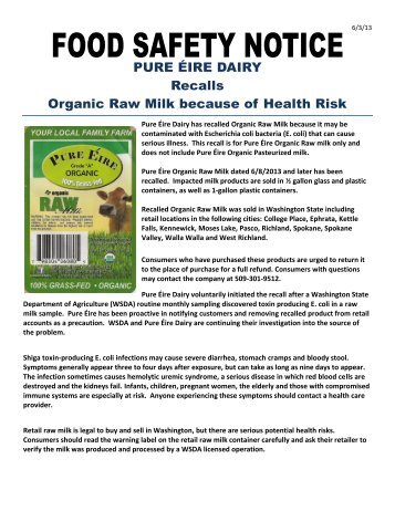 PURE ÉIRE DAIRY Recalls Organic Raw Milk because of Health Risk