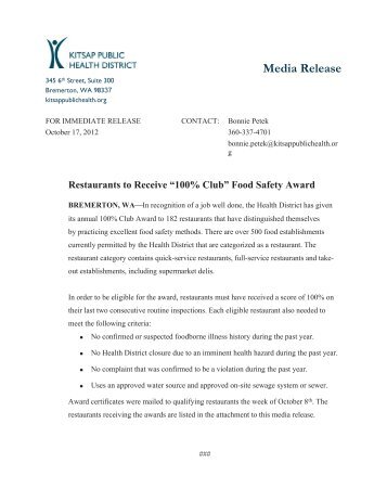 Restaurants to Receive "100% Club" Food Safety Award