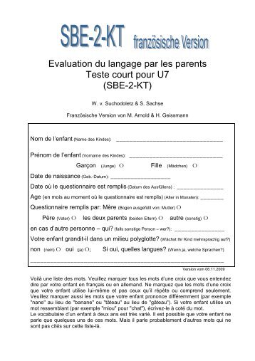 Evaluation du langage par les parents Teste court pour U7 (SBE-2-KT)