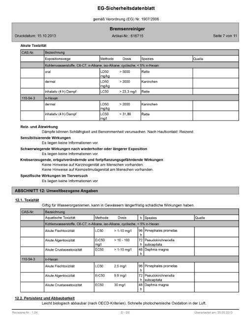 Sicherheitsdatenblatt Bremsenreiniger Spray