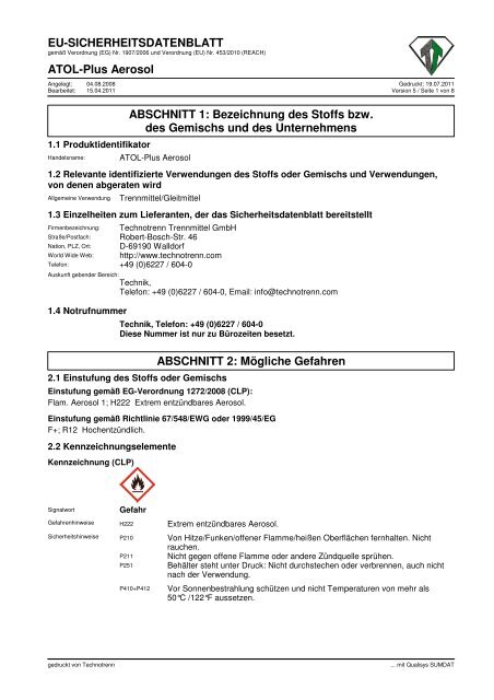 EU-SICHERHEITSDATENBLATT ATOL-Plus Aerosol ABSCHNITT 1 ...