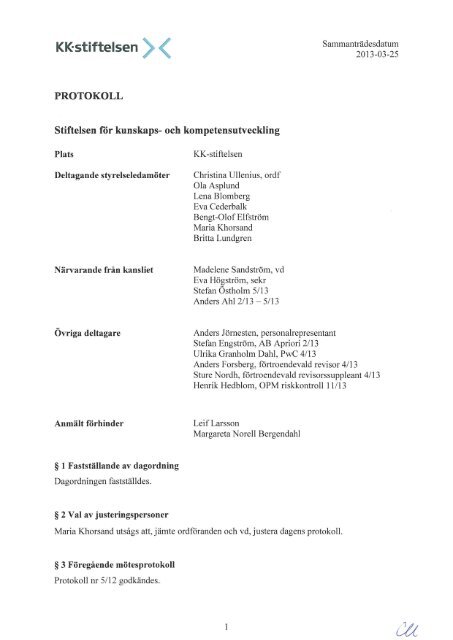 Styrelseprotokoll 2013-03-25 - KK-stiftelsen