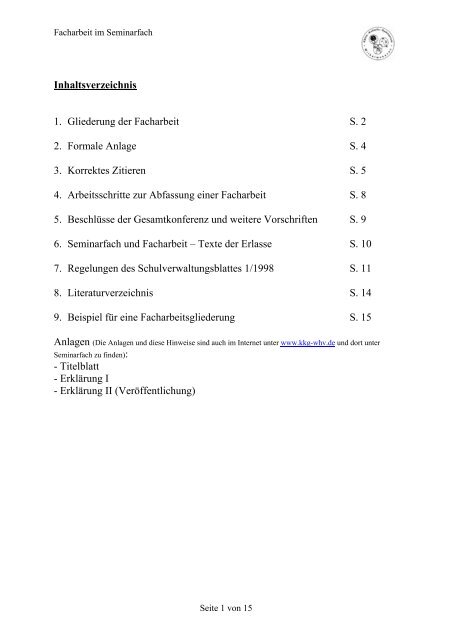Inhaltsverzeichnis 1. Gliederung Der Facharbeit S. 2 2. Formale ...