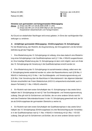 Hinweise zum gymnasialen und fachgymnasialen Bildungsgang