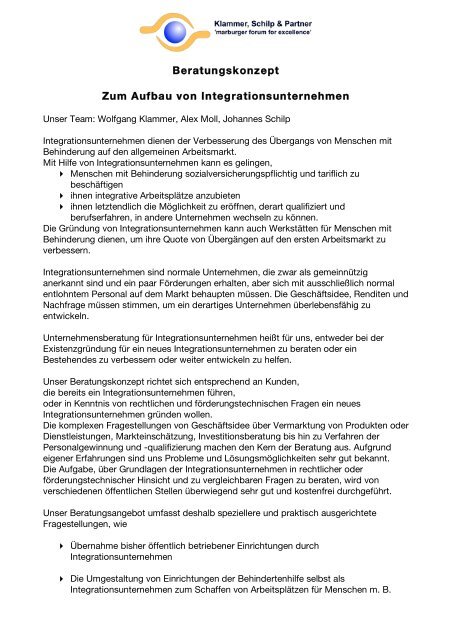 Beratungskonzept Zum Aufbau von Integrationsunternehmen