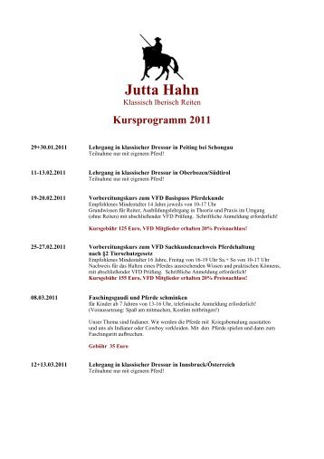 Kursprogramm 2011 - Klassisch Reiten - Jutta Hahn