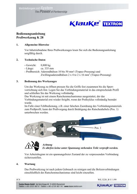 Bedienungsanleitung PreÃwerkzeug K 28