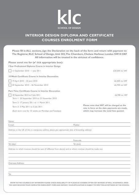 Interior Design Diploma And Certificate Courses Enrolment Form