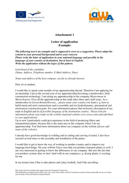 Attachement 1 Letter of application -Example-