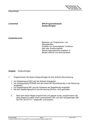 Zweipunktregler Lerneinheit SPS-Programmbeispiel ...