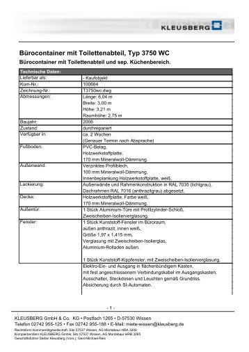 Bürocontainer mit Toilettenabteil, Typ 3750 WC - Kleusberg GmbH ...