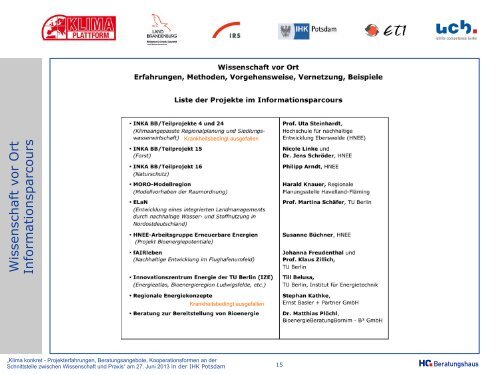 Projekterfahrungen, Beratungsangebote, Kooperationsformen an ...