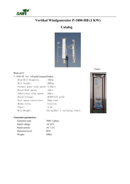 Vertikal Windgenerator P-1000-HB (1 KW) Catalog - Klimaworld24