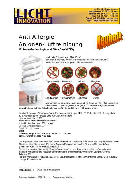 Anti-Allergie -Anionen-Luftreinigungs-Energiesparlampe