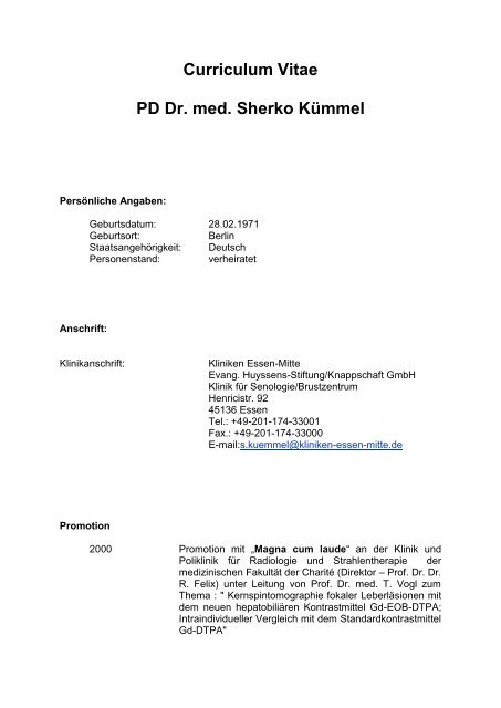 Curriculum Vitae PD Dr. med. Sherko Kümmel - Kliniken Essen-Mitte