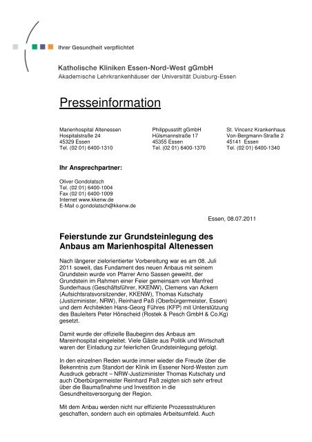 Feierstunde zur Grundsteinlegung des Anbaus am Marienhospital ...