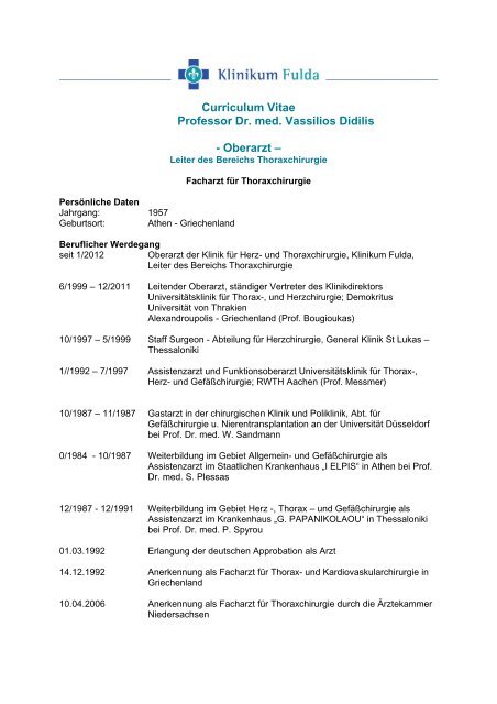 Curriculum Vitae Professor Dr. med. Vassilios ... - Klinikum Fulda