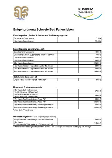 Preisliste Schwefelbad Fallersleben - Klinikum der Stadt Wolfsburg