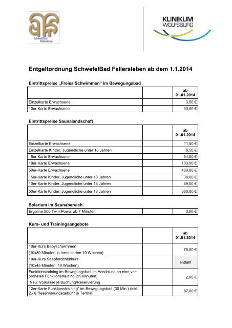 Entgeldordnung Schwefelbad Fallersleben - Klinikum der Stadt ...