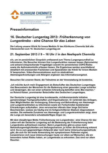 Presseinformation 16. Deutscher Lungentag 2013: Früherkennung ...