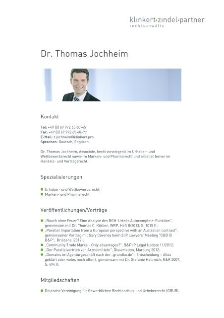 Dr. Thomas Jochheim - Klinkert Zindel Partner