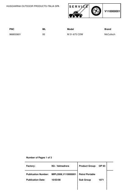 IPL, McCulloch, M51-675 CDW, 966833601, 2008-03, Lawn Mower