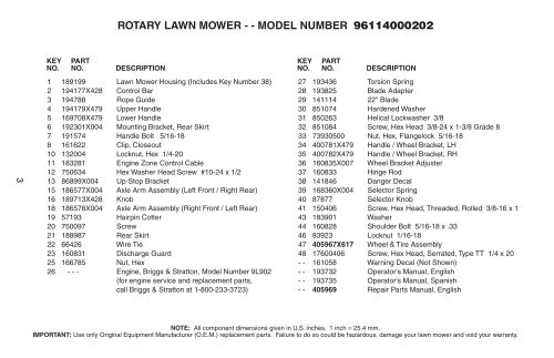rotary lawn mower - - model number 96114000202 - Klippo