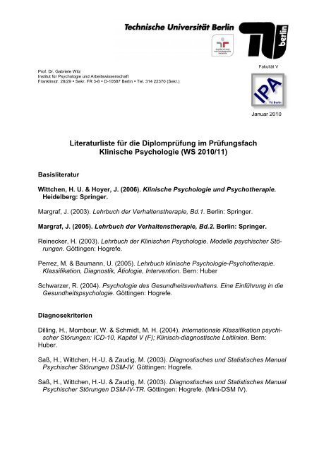 WS 2010/11 - Klinische und Gesundheitspsychologie