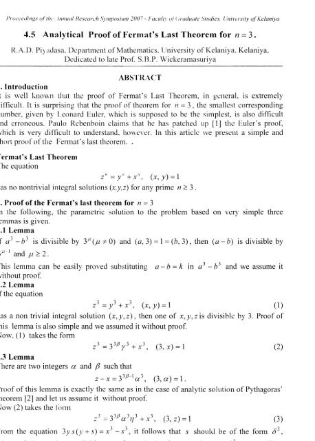 4 5 Analytical Proof Of Fermat S Last Theorem For N 3