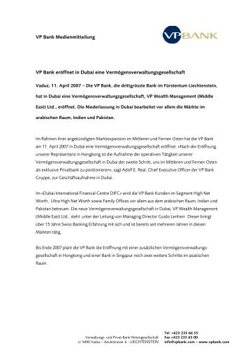 VP Bank Medienmitteilung VP Bank eröffnet in Dubai eine ...