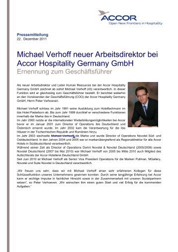 Michael Verhoff neuer Arbeitsdirektor bei Accor Hospitality Germany