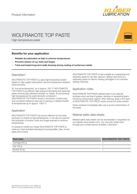 WOLFRAKOTE TOP PASTE - KlÃ¼ber Lubrication