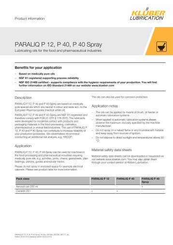 PARALIQ P 12, P 40, P 40 Spray - KlÃ¼ber Lubrication