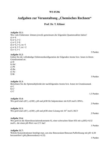 Aufgaben zur Veranstaltung âChemisches Rechnenâ