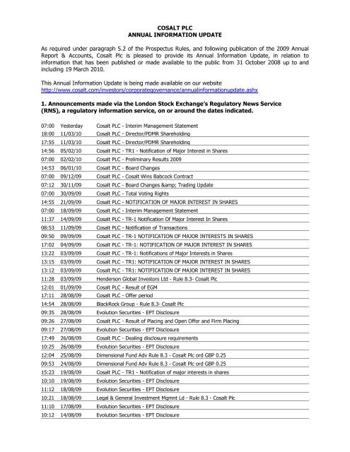 Annual Information Update 2010 - Cosalt