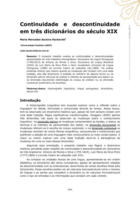 Continuidade e descontinuidade em três dicionários do século XIX