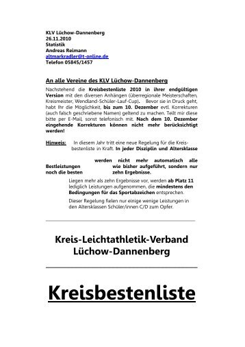 Entwurf Kreisbestenliste 2010 gesamt - KLV LÃ¼chow-Dannenberg eV