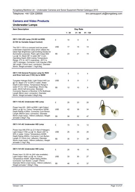 Underwater Cameras and Sonar Equipment Rental Catalogue 2010