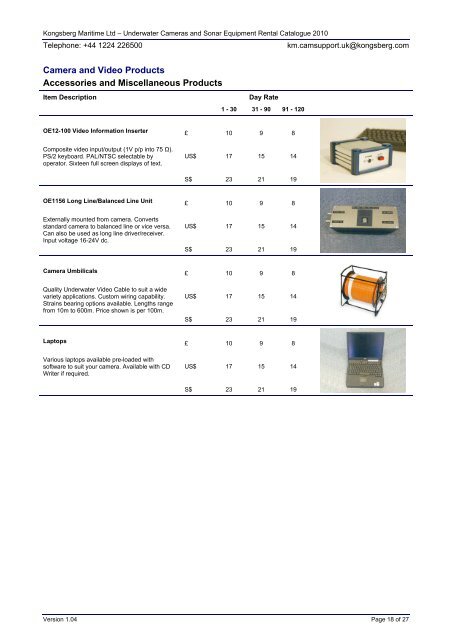 Underwater Cameras and Sonar Equipment Rental Catalogue 2010